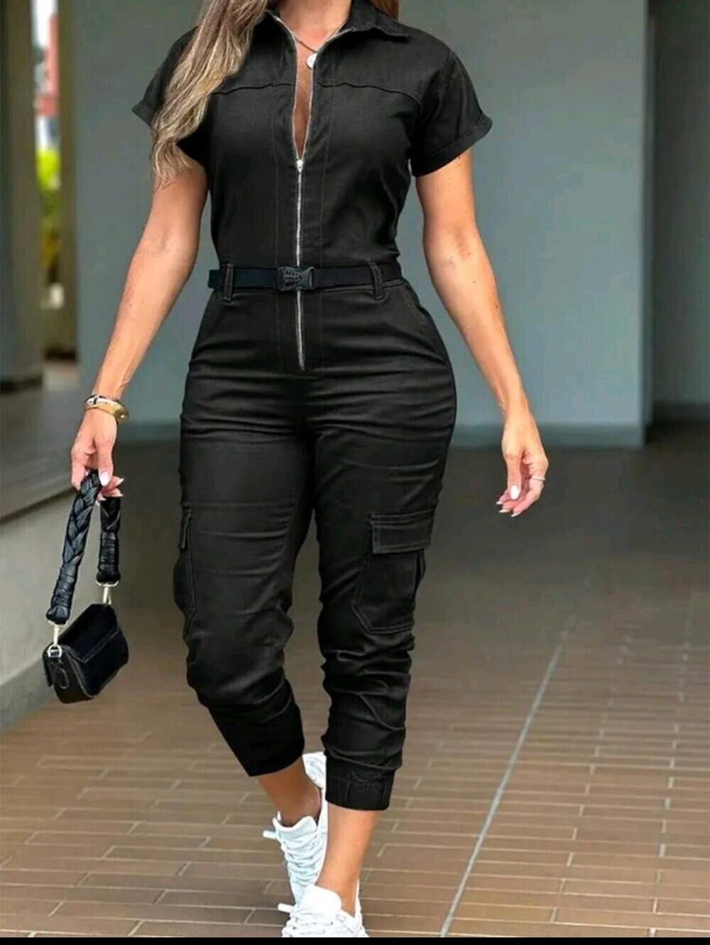 Women’s Black Utility Cargo Jumpsuit with Belt